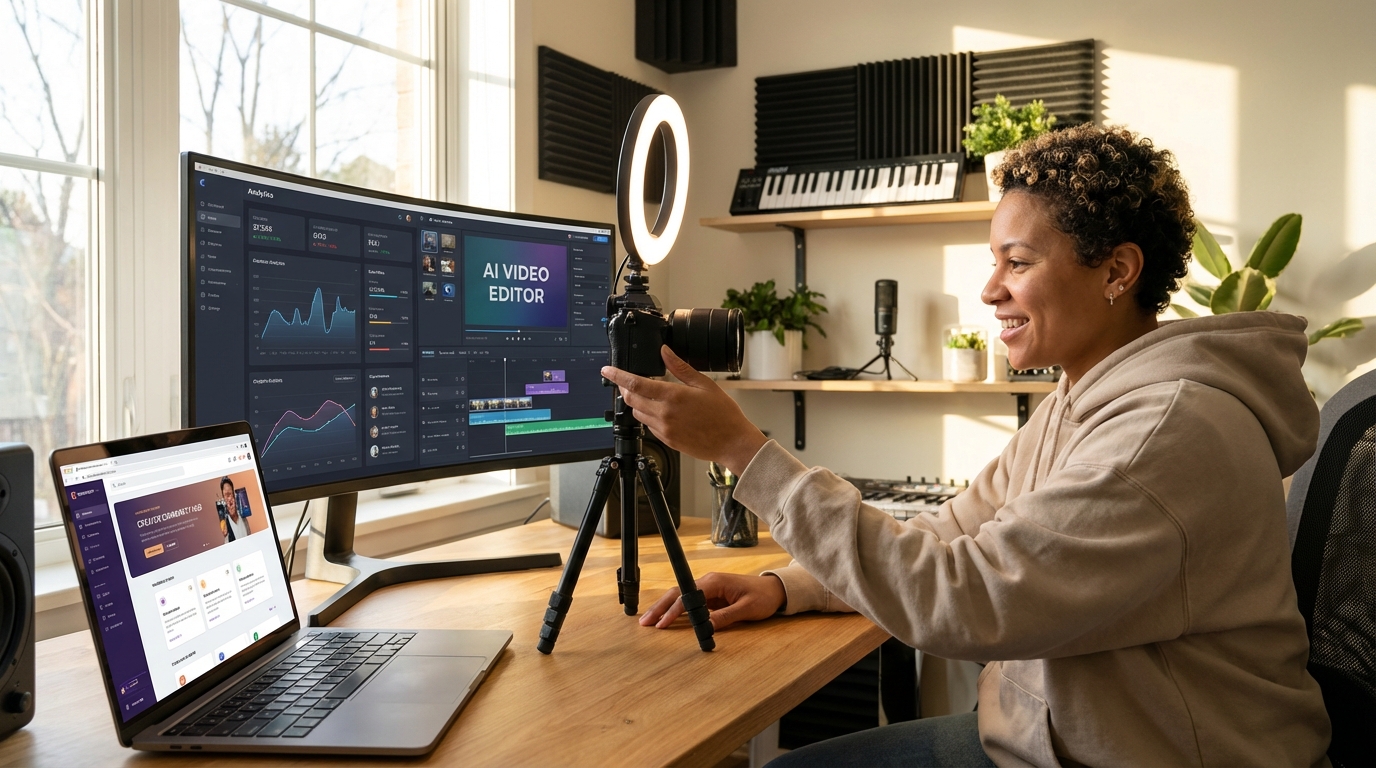 A 2025 creator leveraging AI tools, analytics, and direct-to-fan platforms from a single studio setup.