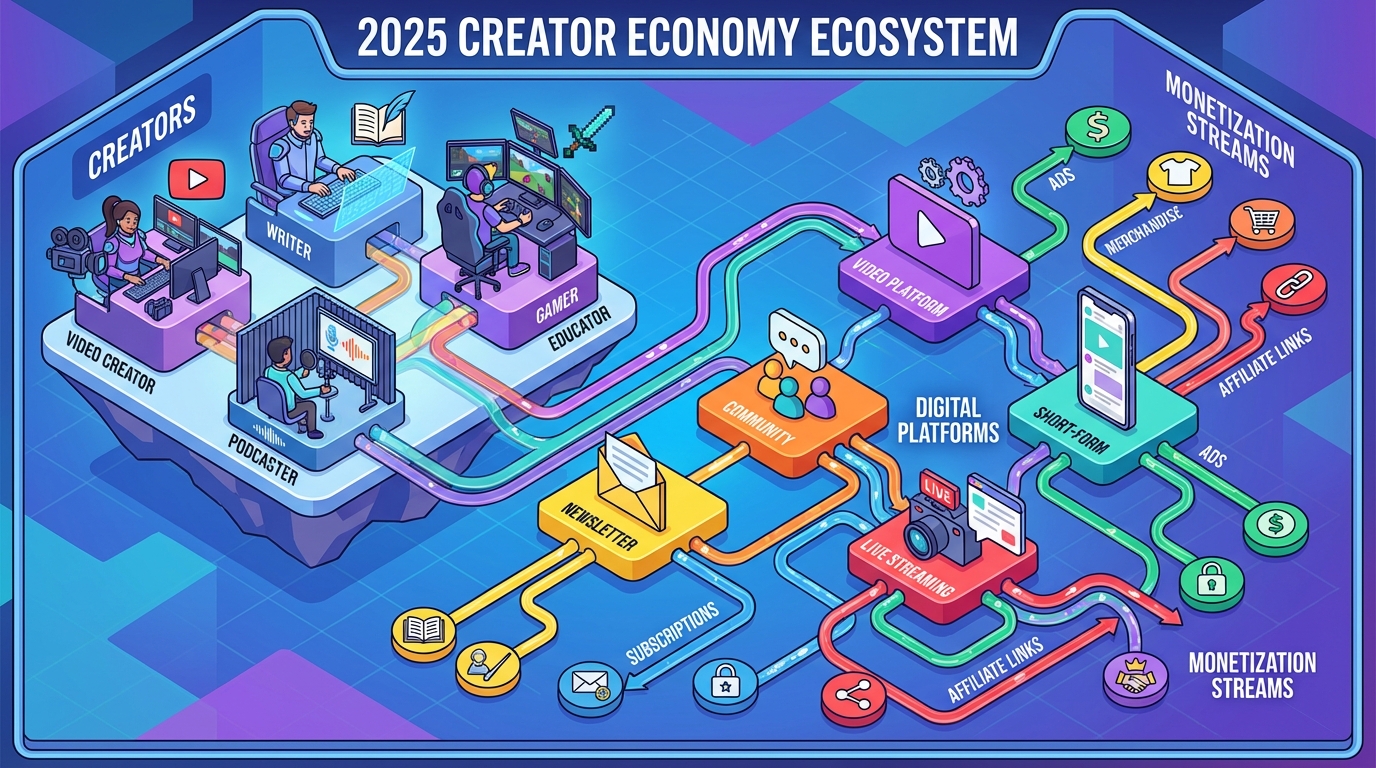 Visual overview of the 2025 creator economy ecosystem and its core components.