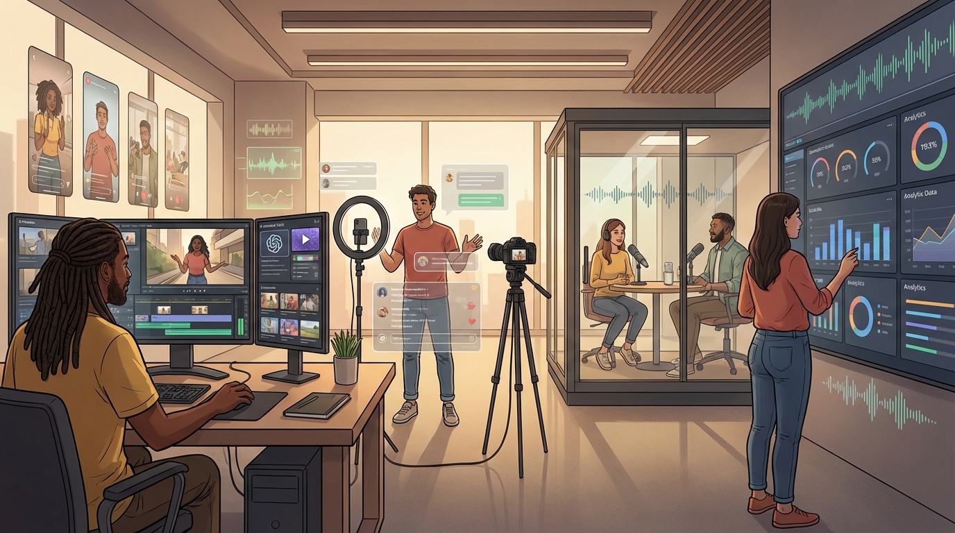 A modern, AI-augmented creator workspace spanning video, audio, and analytics.