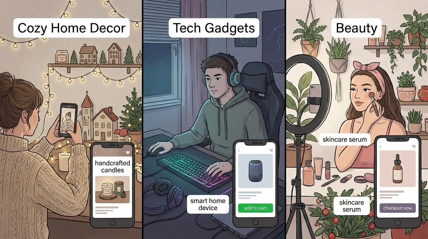 Examples of niche micro-creators in different verticals influencing holiday purchases.