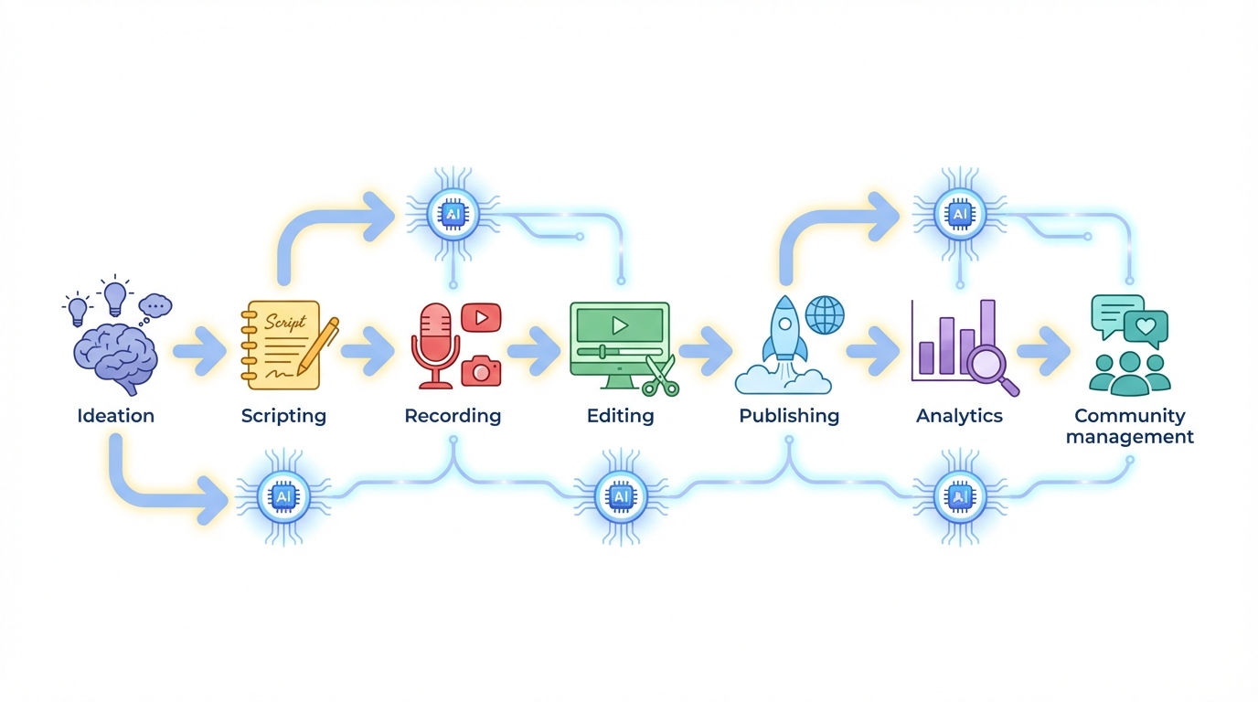 Diagram of the AI-augmented content creation pipeline from ideation to analytics.