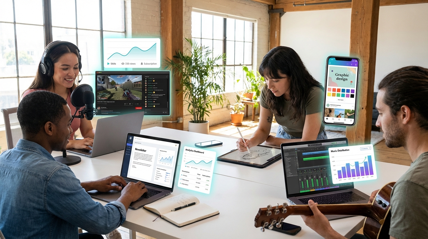 Diverse creators collaborating with marketers across multiple platforms