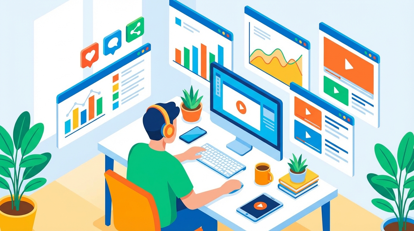 Illustration of a creator managing content across multiple platforms.