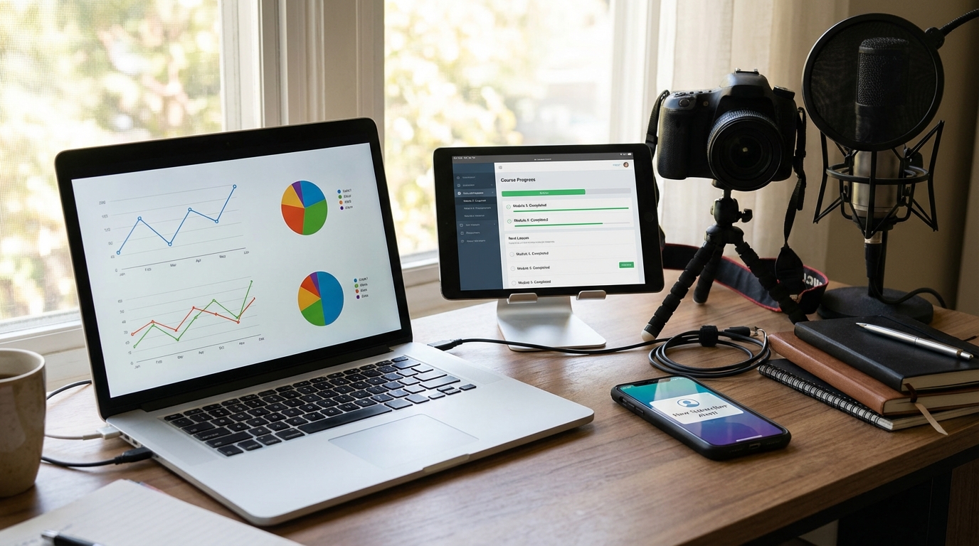 A creator’s workspace integrating multiple income streams and platforms