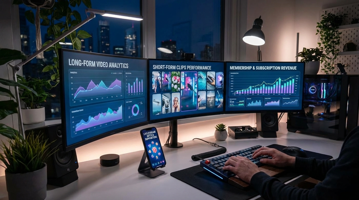 A modern creator workspace showcasing diversified income streams across different content types.