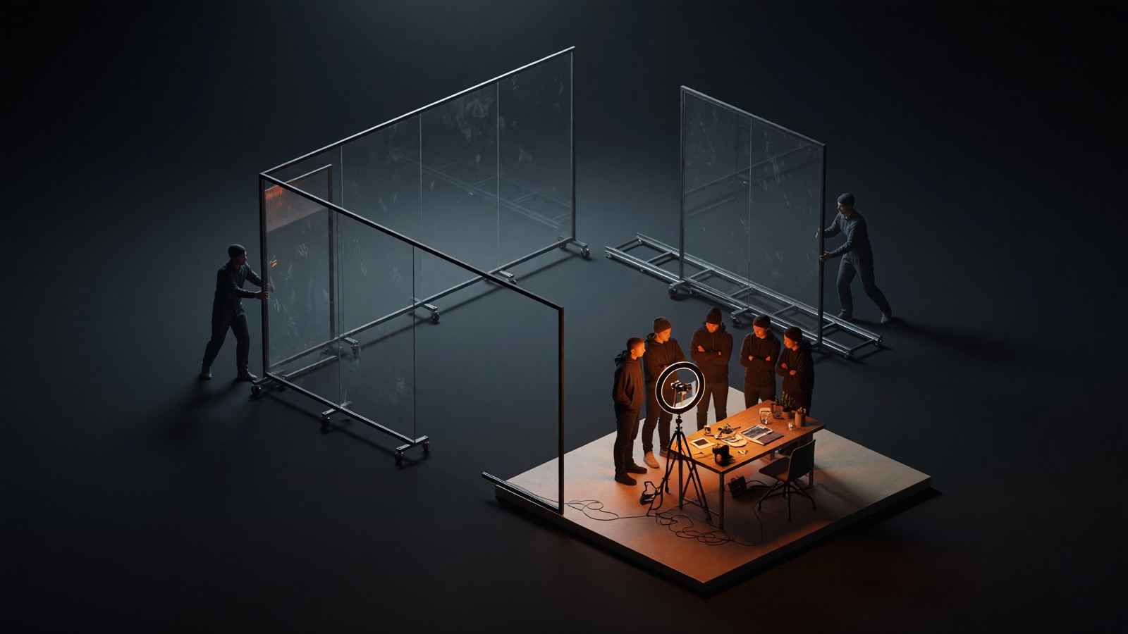 Movers wheel away the glass walls of a creator's studio while a small circle of people stays around the desk, lit warm