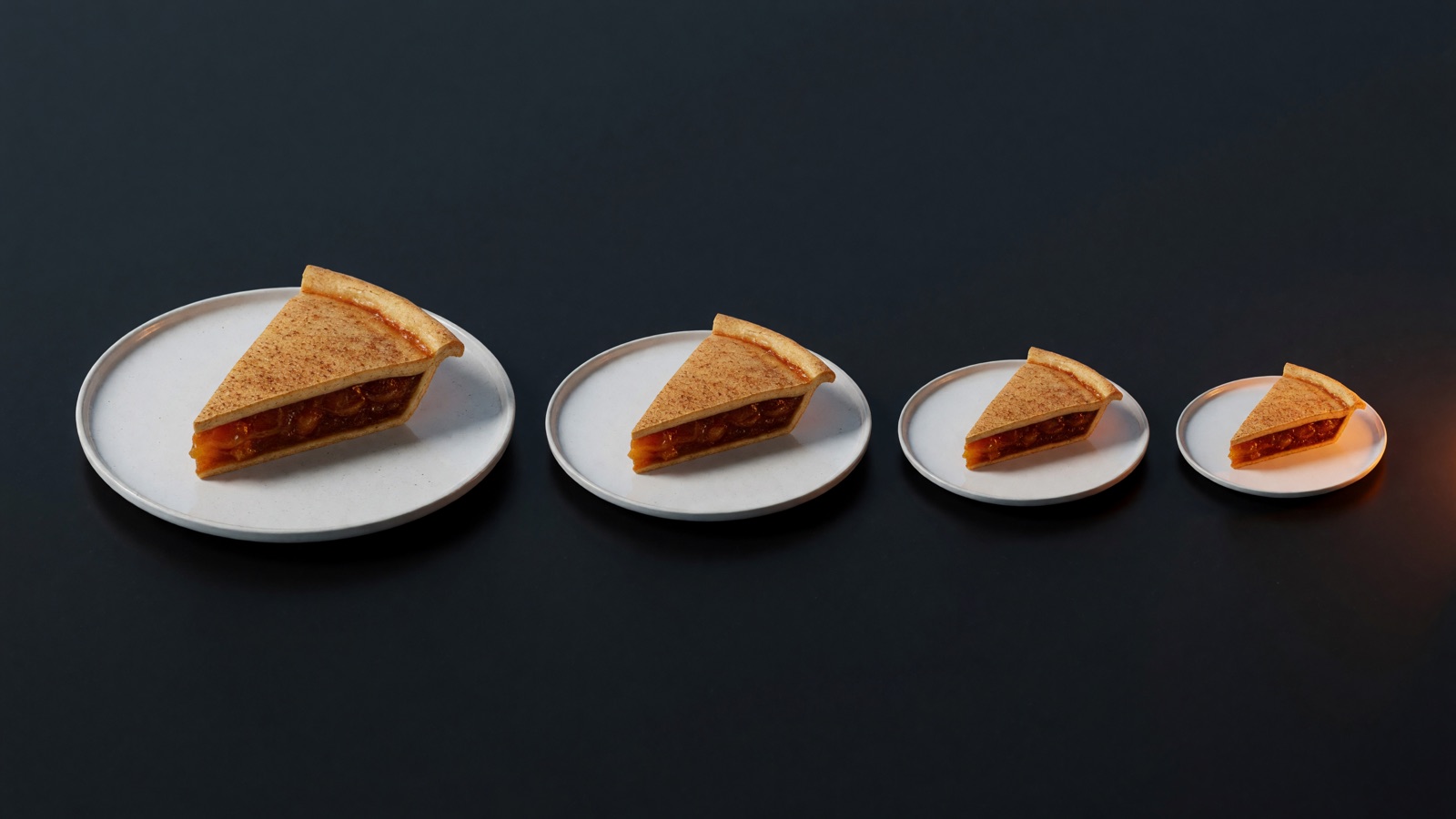 The same pie slice on a series of plates that shrink from left to right