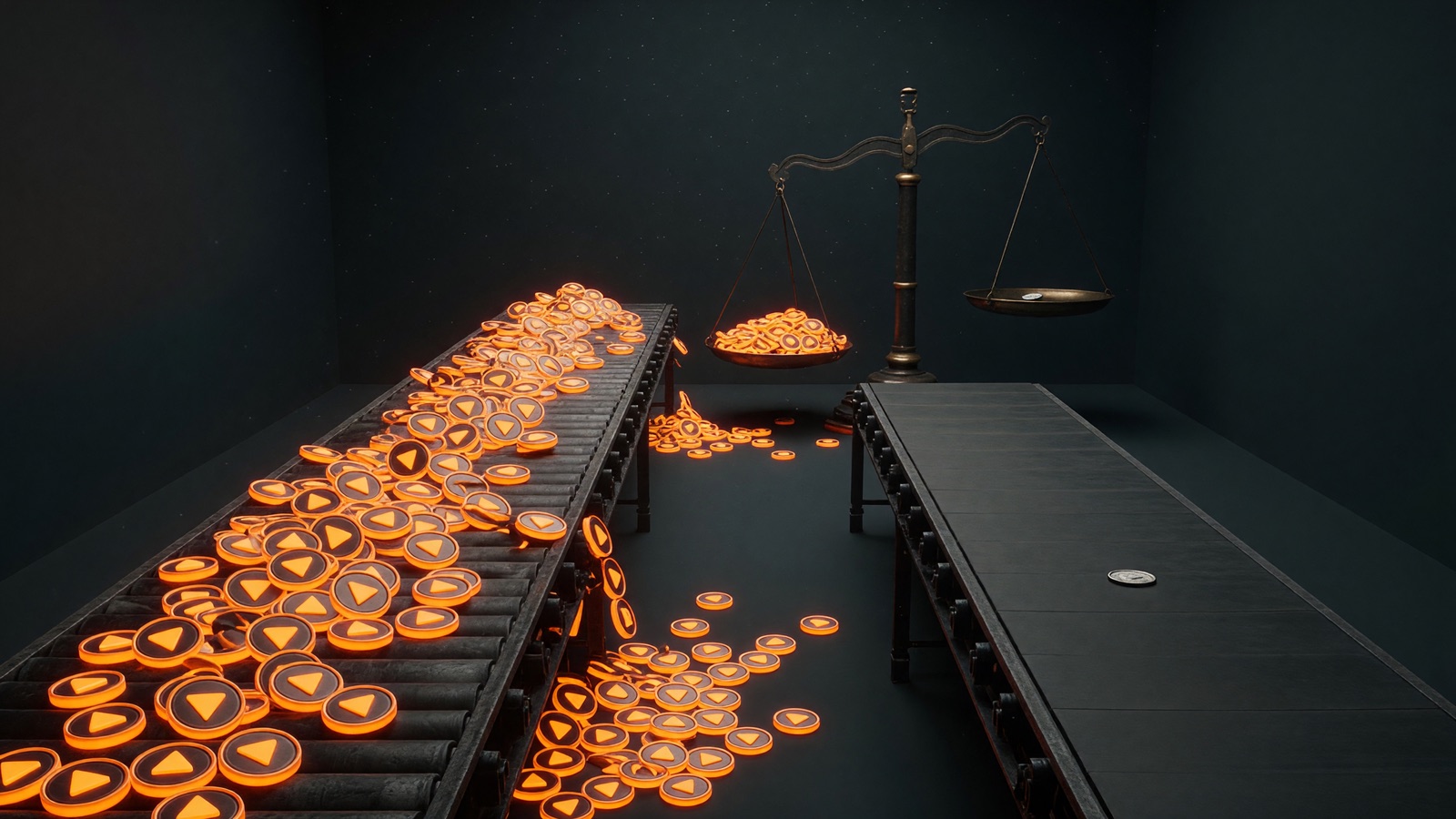 Two conveyor belts: one overflowing with glowing play-button tokens, one carrying a single coin, with a scale tipping to the volume side